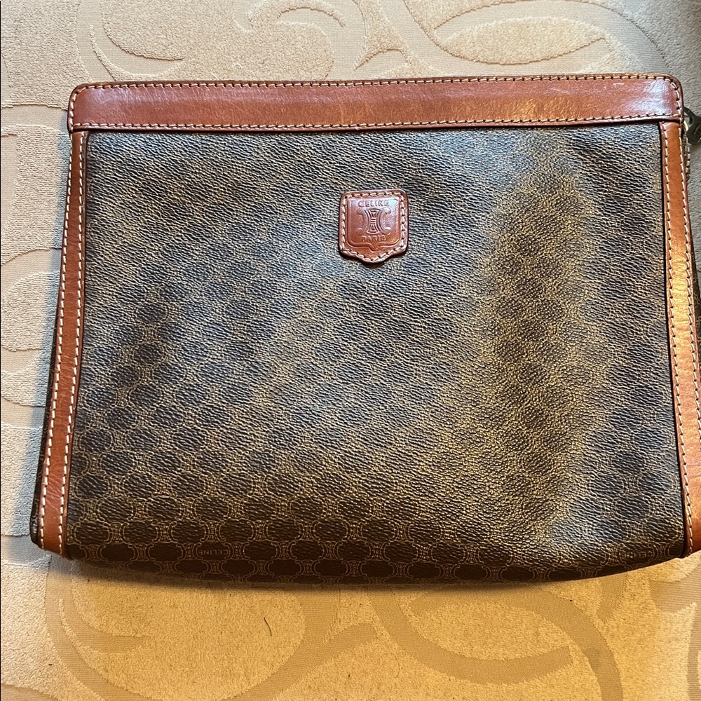 Celine Brown and Tan Leather Trimmed Clutch Pristine condition!